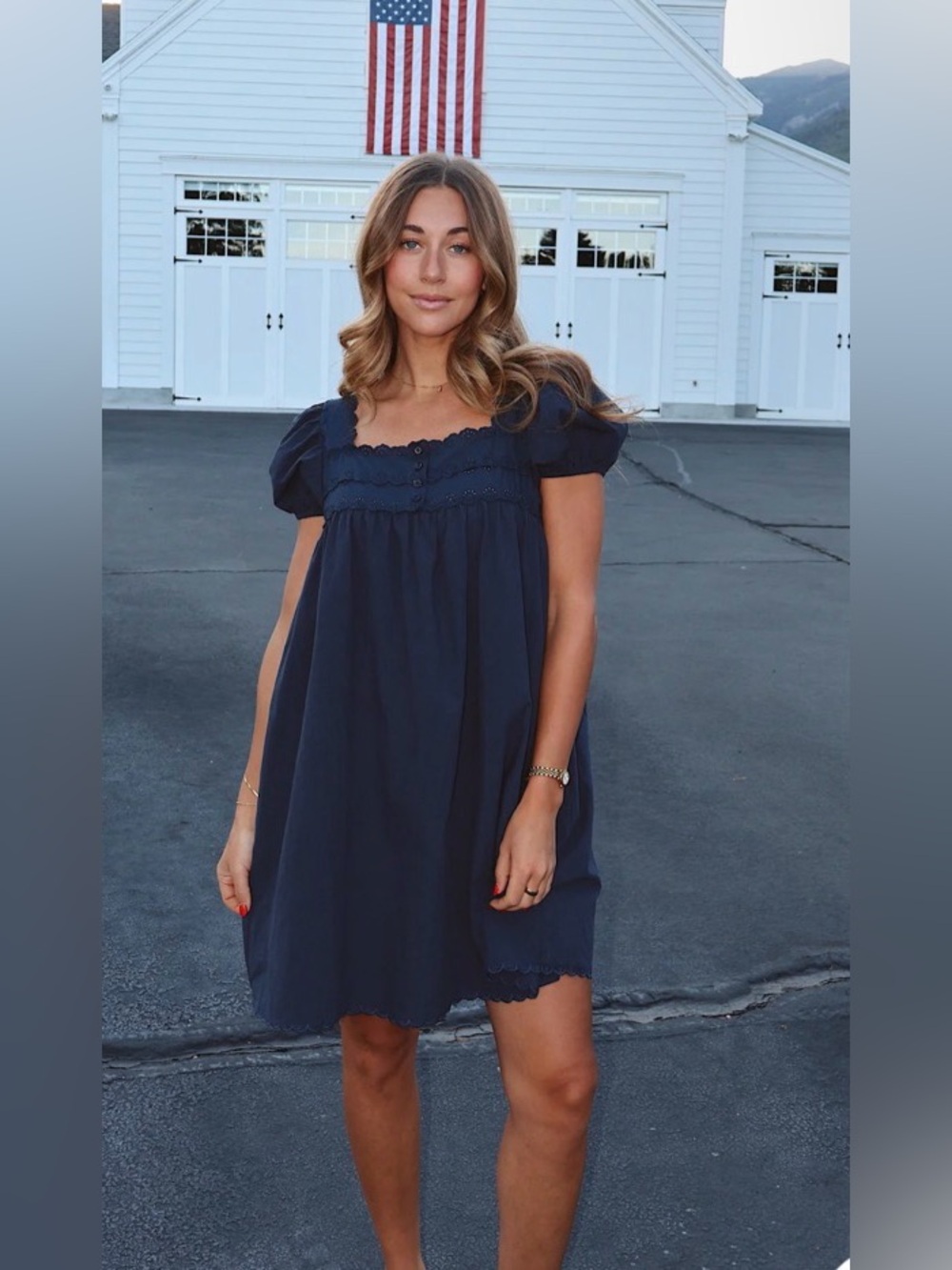 Navy Puff-Sleeve Square-Neck Dress